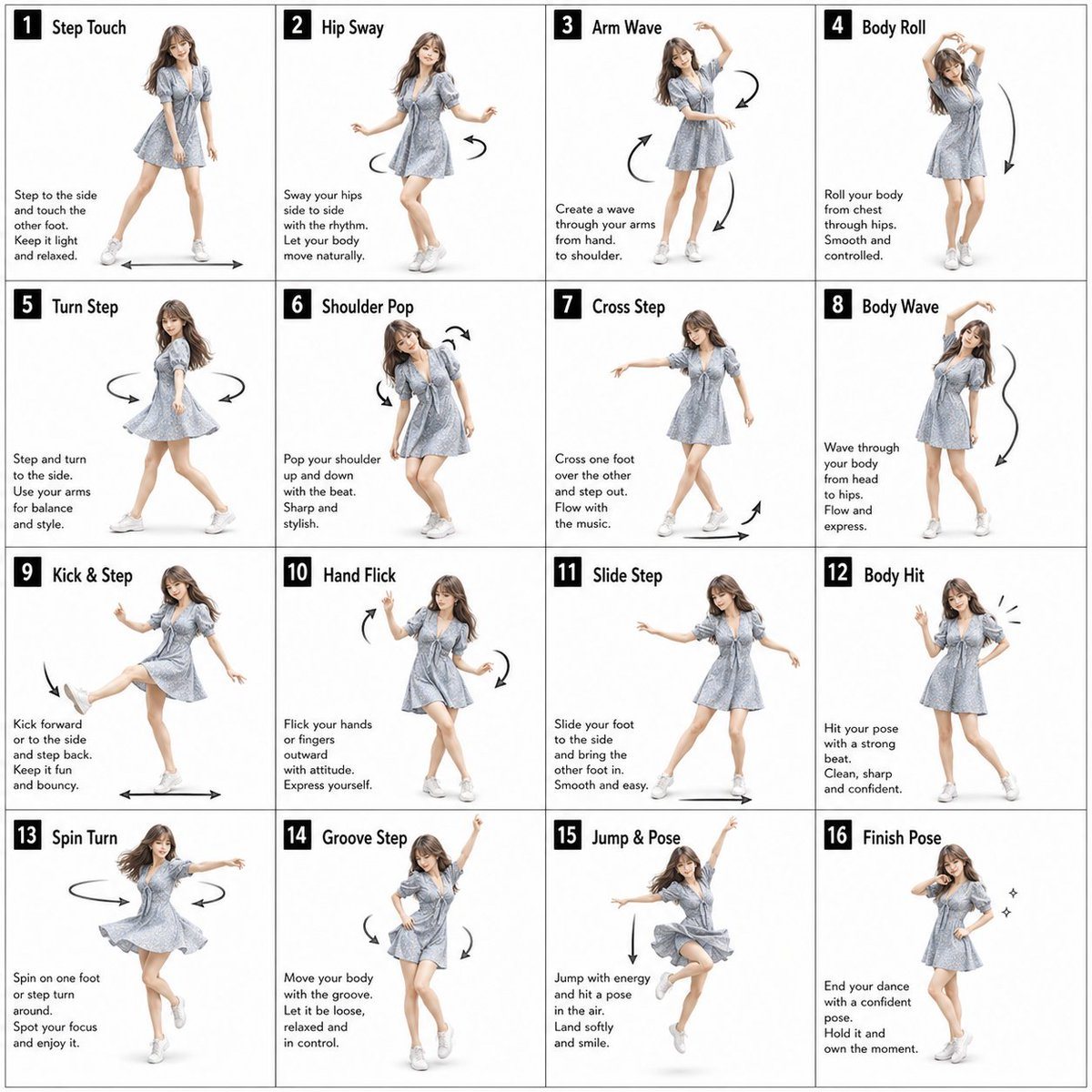 A clean 4-by-4 studio-style poster showing the same woman demonstrating 16 labeled dance moves, useful for choreography guides, motion planning, and pose-sheet generation.