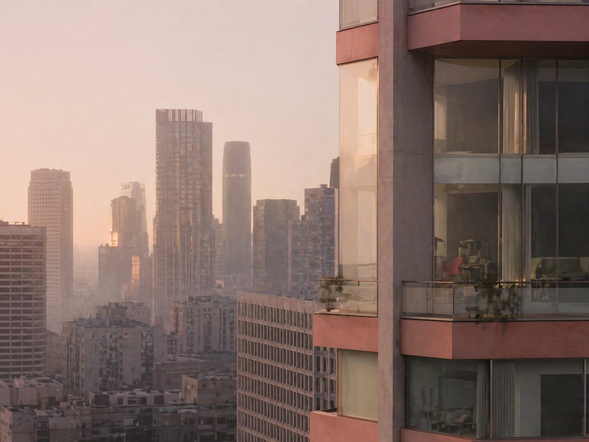 This prompt generates a photorealistic sunrise cityscape featuring a close modern apartment tower and a hazy downtown skyline, ideal for architectural visualization or luxury real-estate imagery.