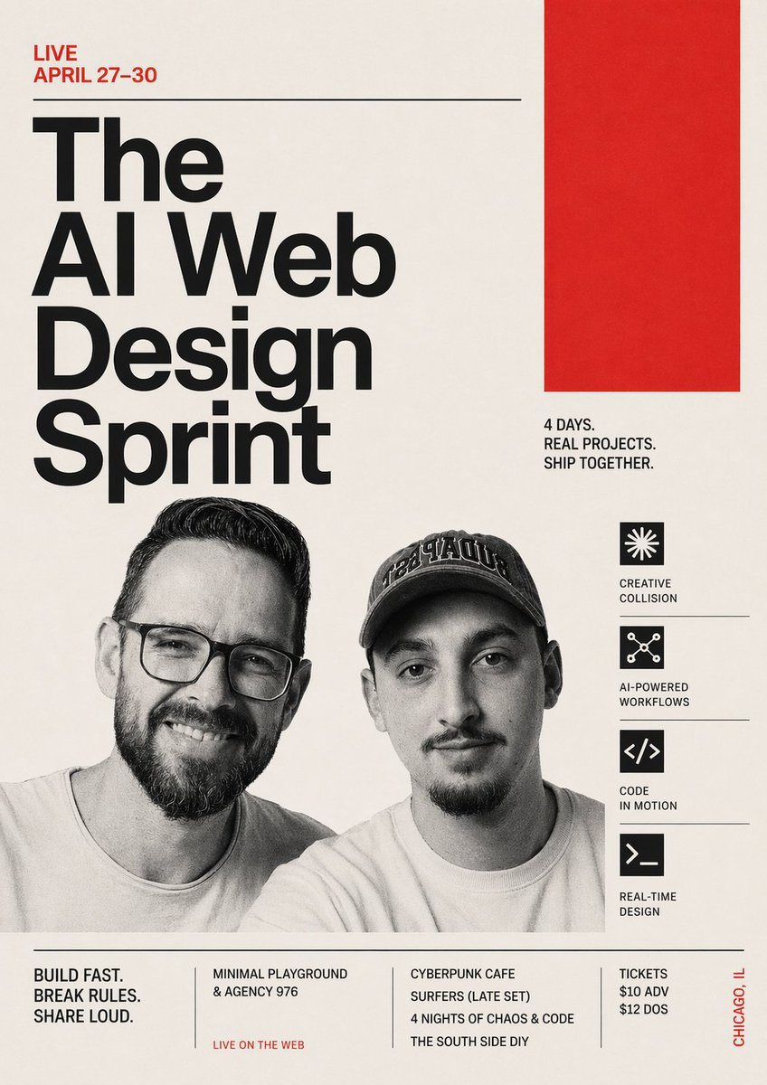 Create a bold Swiss-modernist event poster for a live AI and web design sprint, portrait orientation, with a warm off-white paper background, stark black typography, and vivid red accent...