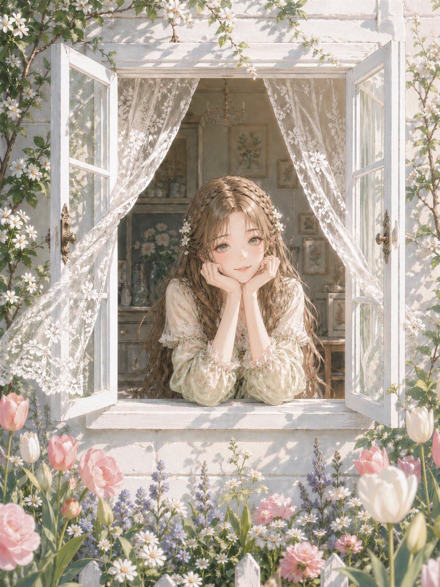 This prompt generates a soft, floral, anime-inspired illustration of a girl at an open window with a clear indoor room and outdoor garden, ideal for showcasing complex spatial composition.