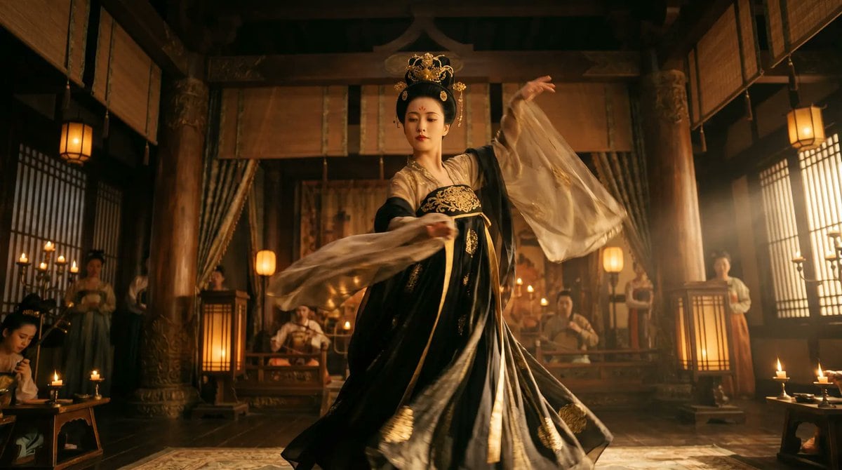 一个照片级真实感的历史舞蹈场景，用于生成具有丰富光影、动态效果和唐代服饰细节的宽银幕宫廷表演图像。