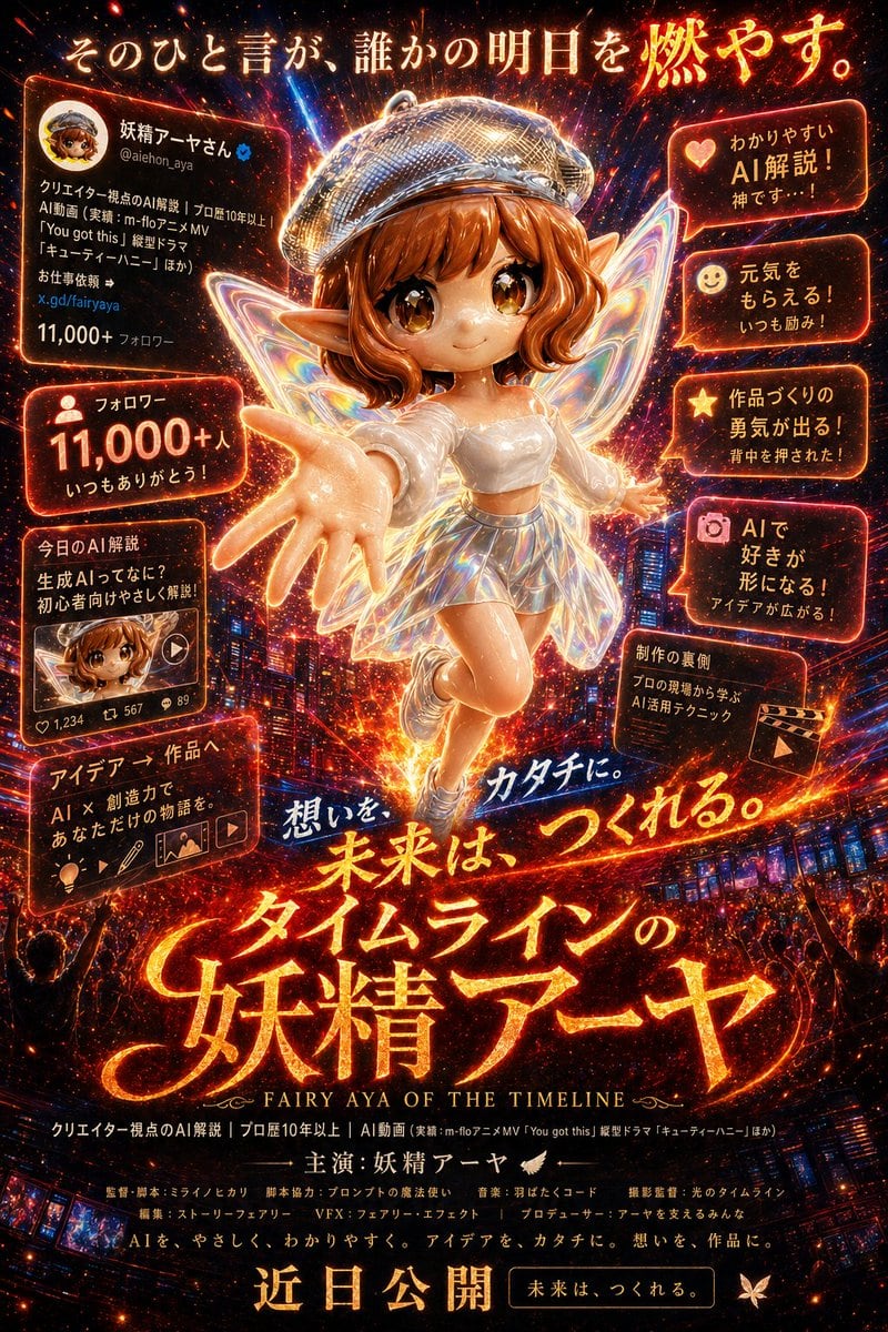 A dramatic vertical Japanese movie poster in a hyper-detailed cinematic fantasy style, glowing with fiery orange, red, gold, and neon magenta light over a nighttime city skyline. In the c...