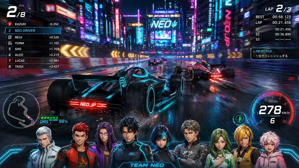 A hyper-realistic futuristic racing game splash screen set in a neon-soaked cyberpunk city at night, showing a Formula-style electric race on a rain-slick street circuit from a low third-...