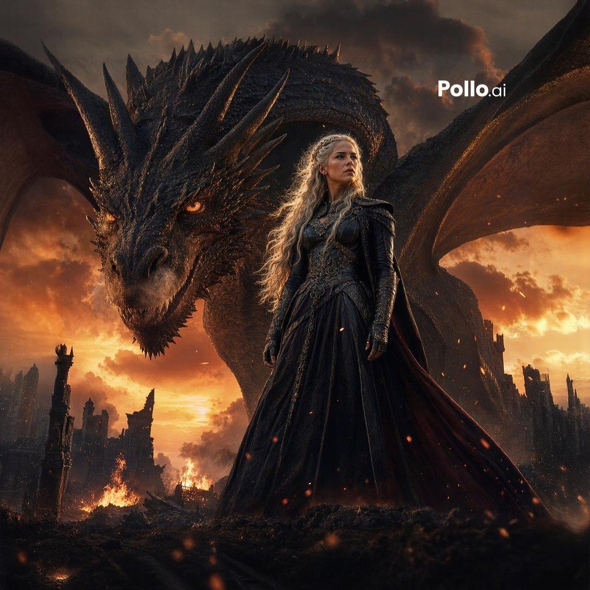 A cinematic dark fantasy portrait of a silver-haired dragon queen standing in the foreground on blackened volcanic rubble, with an enormous black dragon looming protectively behind her. T...