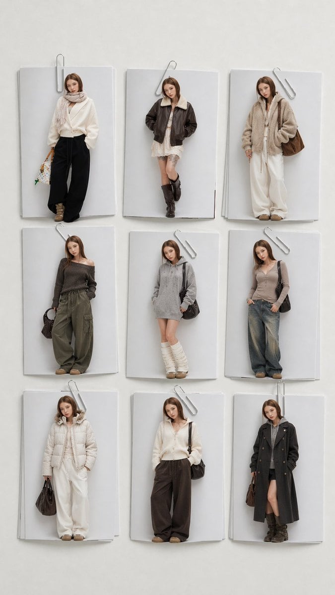 一个照片级真实的 3x3 时尚 Lookbook 提示词,用于生成中性色调的服装拼贴,风格类似于钉在墙上的编辑部服装卡片。
