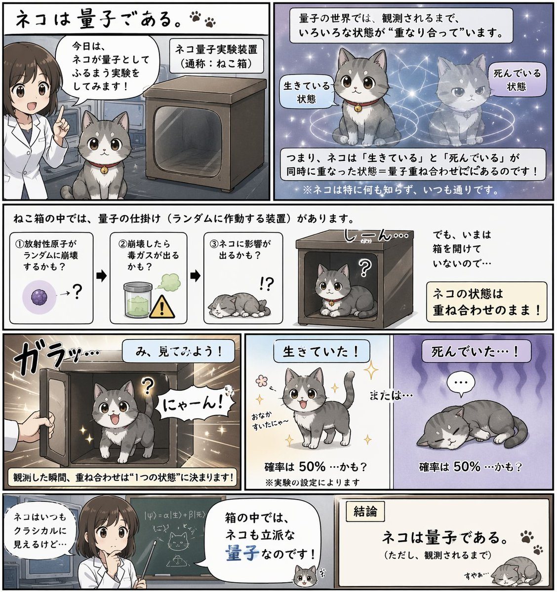 一个简短且富有创意的提示词,用于生成展示猫表现出量子物理行为的漫画分镜。