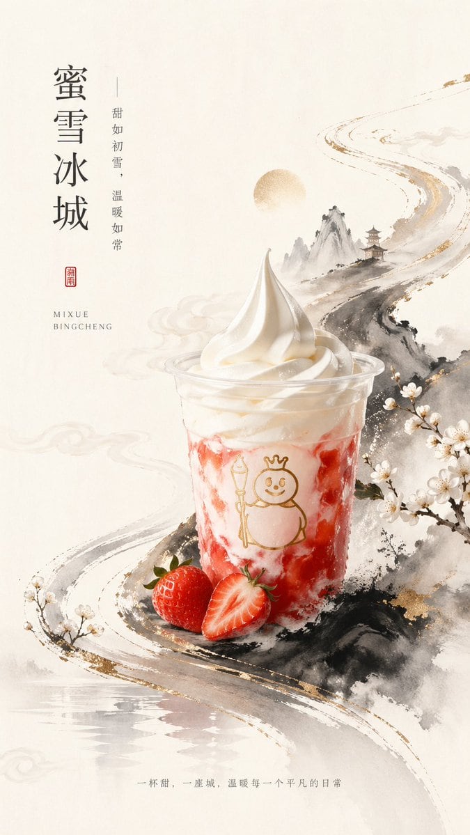 A premium vertical poster advertisement in elegant new Chinese aesthetics, featuring a single plastic cup of strawberry sundae-style ice cream drink as the central product. The cup is pla...