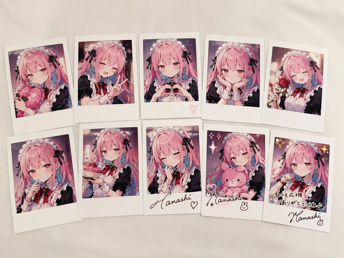Generates a set of 10 instant photos of an anime maid character in various poses, complete with handwritten signatures and messages.