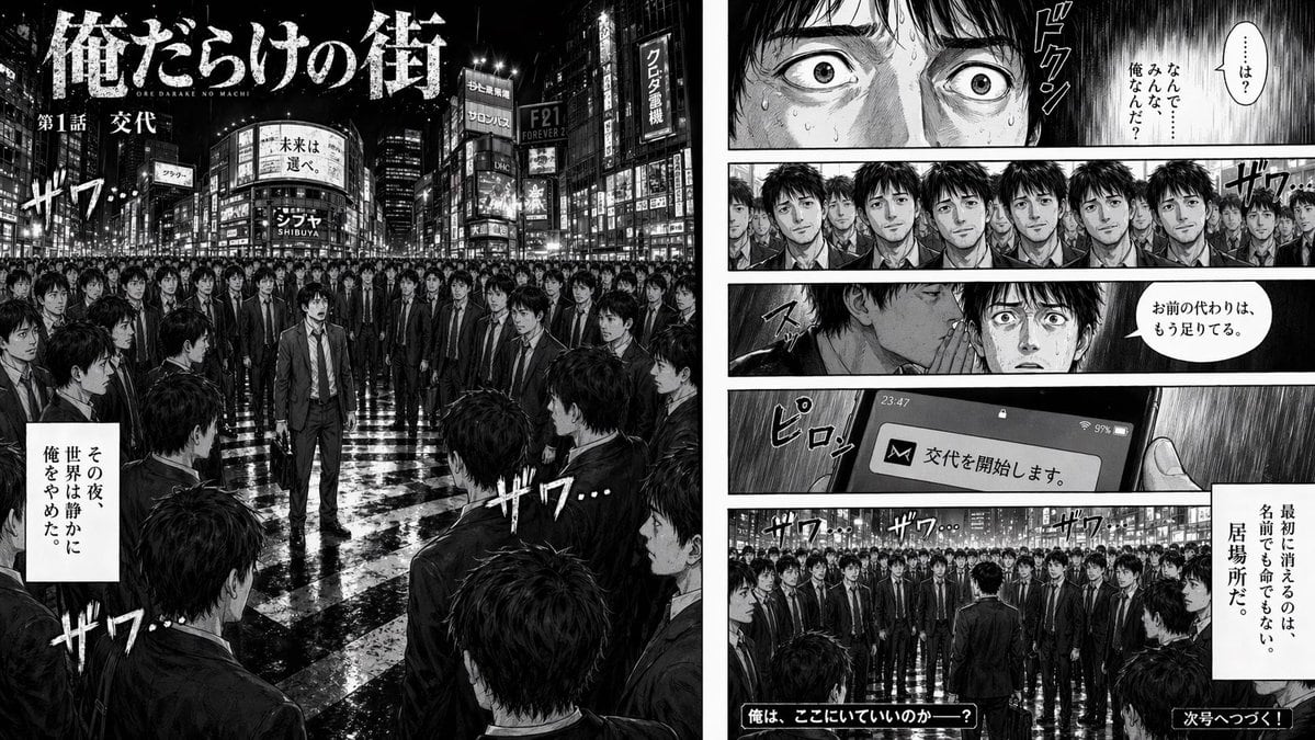 Generates a highly detailed, two-page manga spread featuring a protagonist surrounded by clones, complete with 6 total panels, dialogue bubbles, and sound effects.