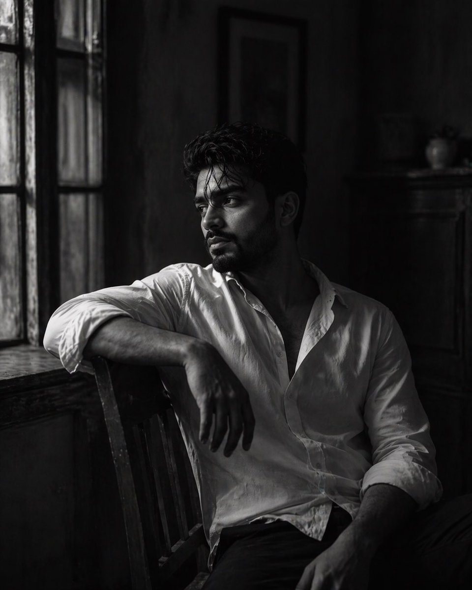 A cinematic, black-and-white portrait of a young man sitting on a wooden chair in a vintage indoor setting. He is positioned sideways, leaning forward slightly, resting his head gently on...