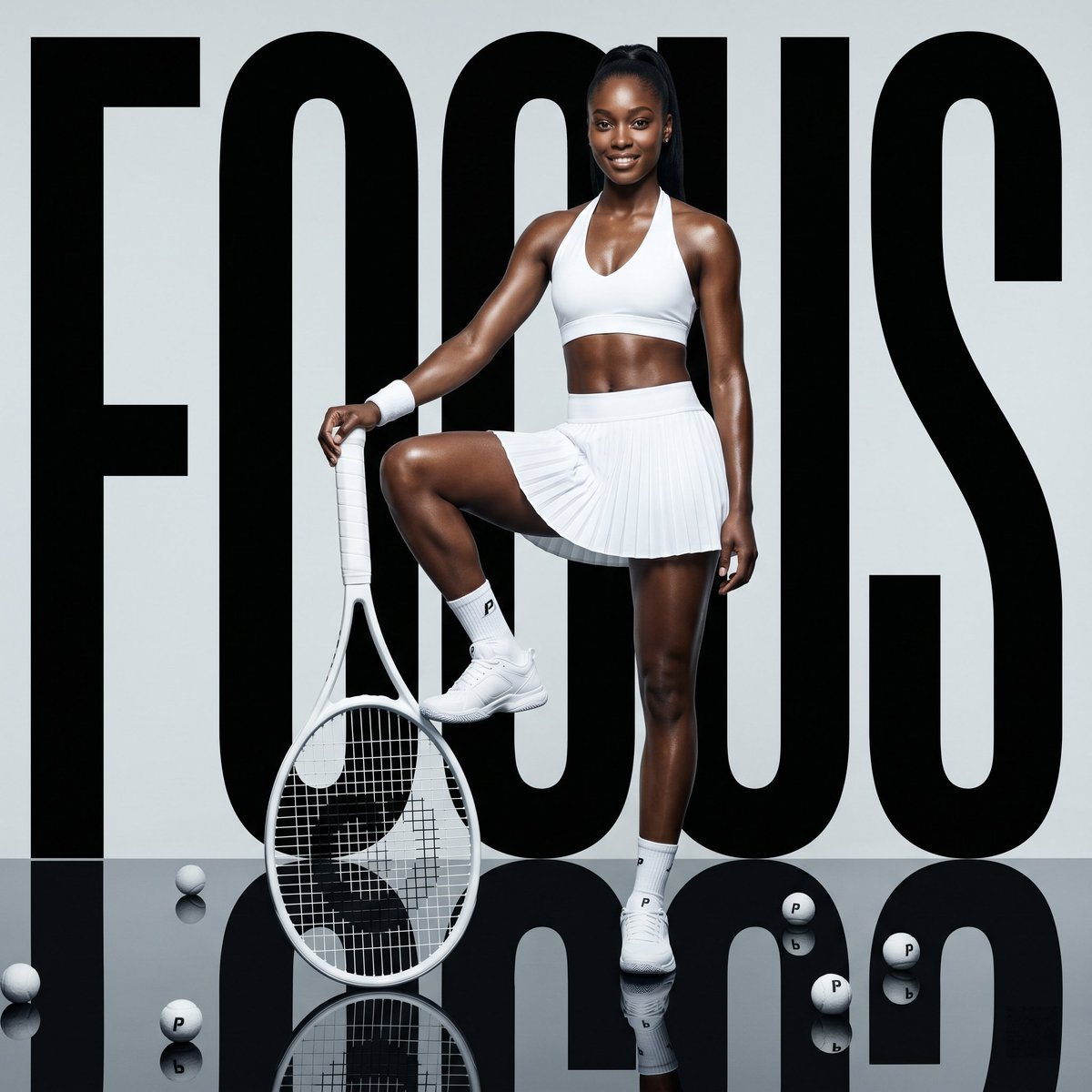 A high-fashion studio sports portrait of a powerful female tennis player standing center frame against a clean light gray backdrop with the gigantic word FOCUS in ultra-bold black condens...