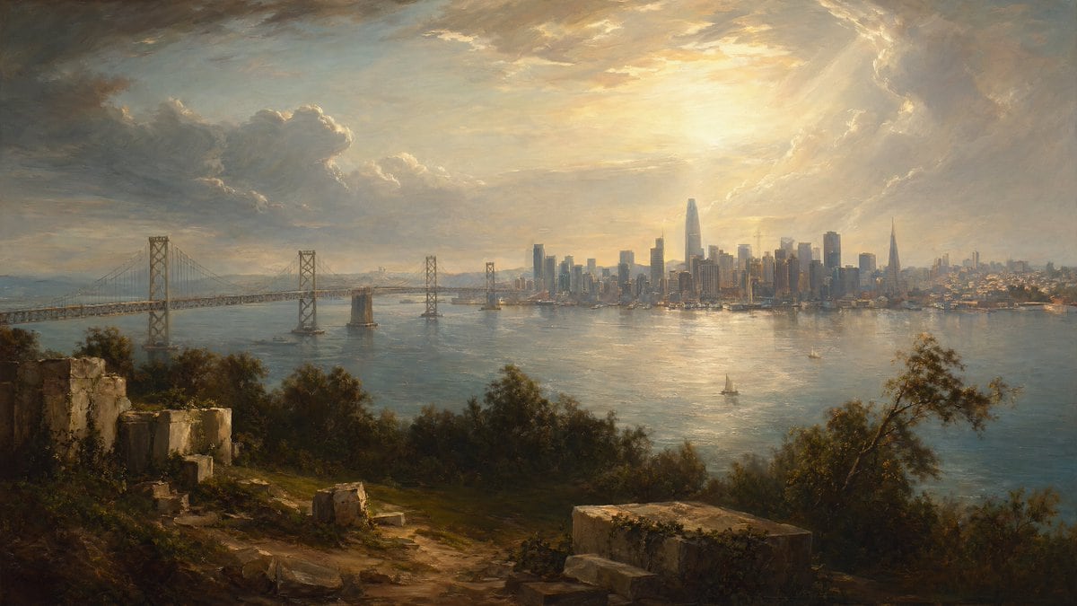 A grand romantic landscape painting of San Francisco seen across a wide bay from an elevated hillside overlook. In the foreground, an old rocky path with 5 large stone ruins or broken mas...