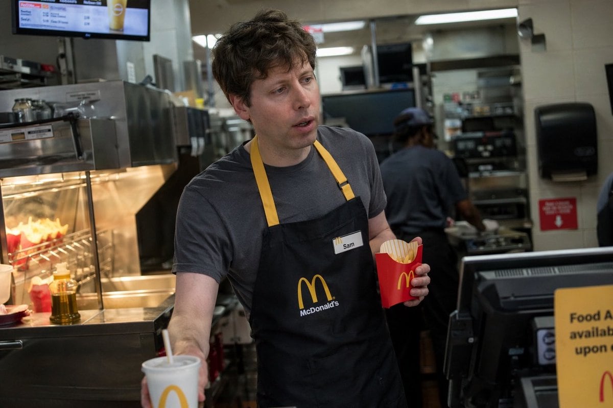 A photorealistic candid photograph of Sam Altman working behind the counter at a McDonald's restaurant. He is wearing a dark grey short-sleeve t-shirt under a black apron with yellow neck...