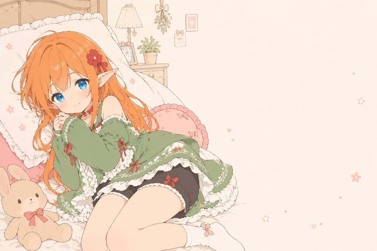 A soft flat-color anime illustration of a cute elf girl lounging sideways on a frilly bed in a pastel bedroom, with the composition weighted to the left and a large area of empty cream-co...