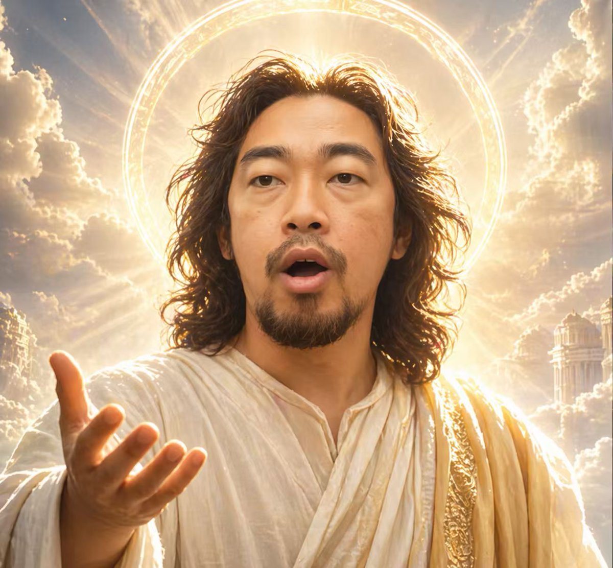 此提示词可生成一张极具戏剧性的神圣肖像，描绘了一位类似基督的人物，配有伸出的手、耀眼的光环以及被刻意遮挡的面部，适用于宗教、象征性或模因风格的编辑图像。