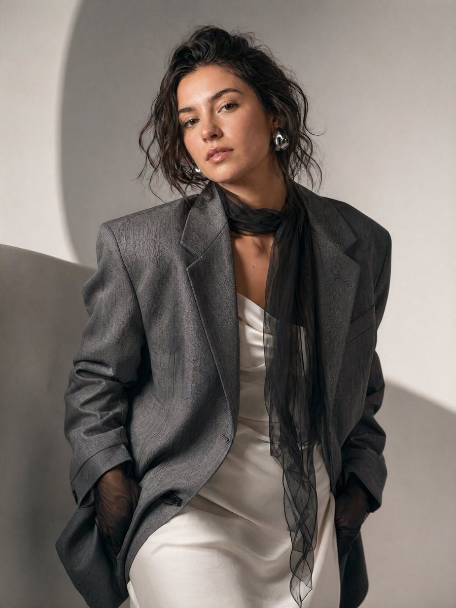 A high-fashion editorial portrait of a woman in a minimalist studio setting. She is leaning slightly forward and tilting her head, creating a dynamic, asymmetrical composition. Her expres...