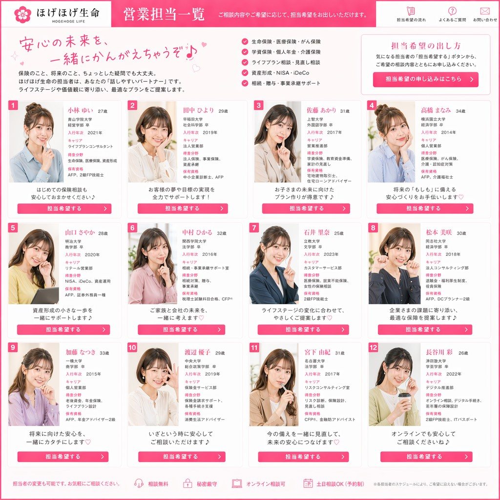 Ready-to-edit Japanese insurance company staff directory webpage mockup image prompt.