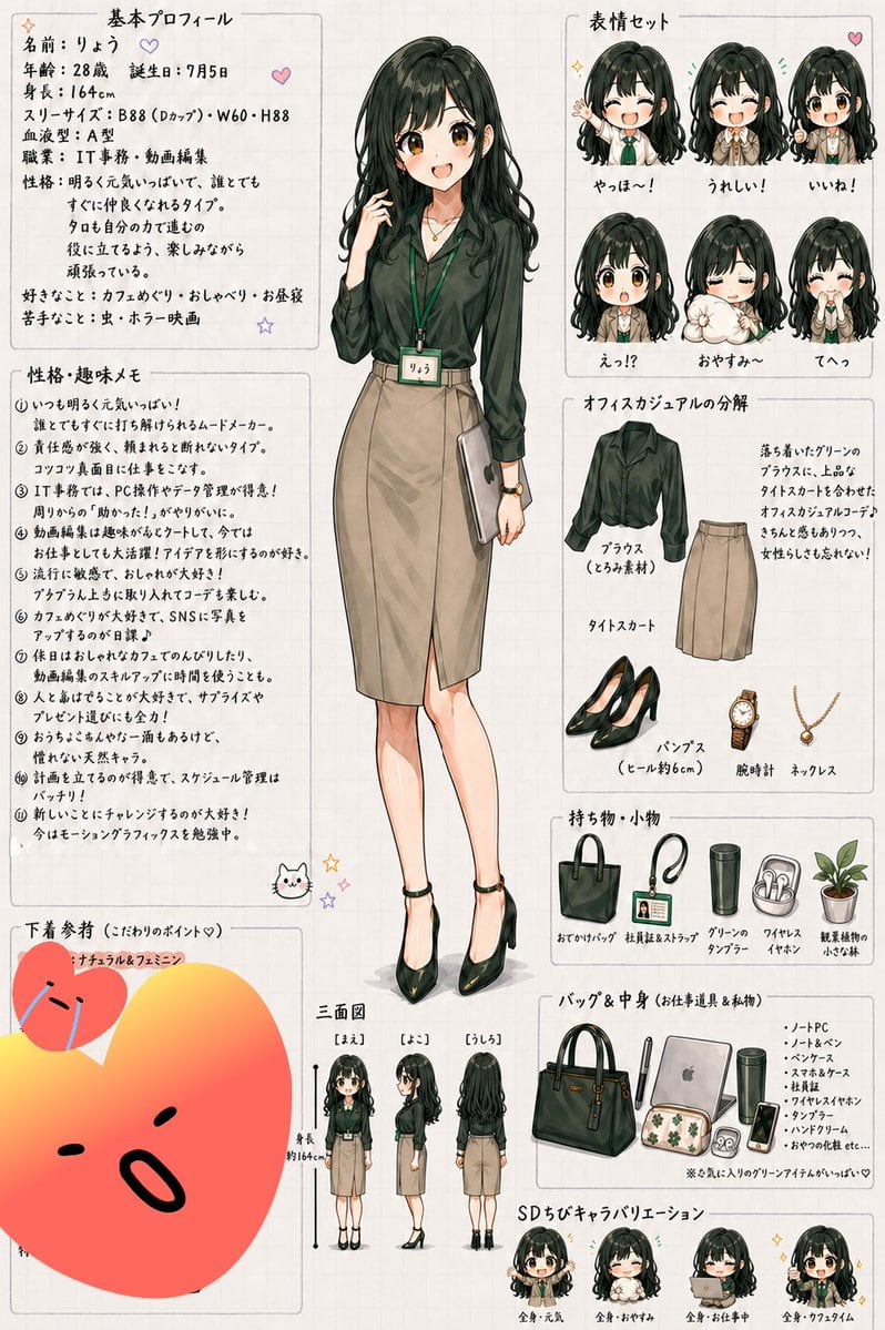 A detailed anime-style Japanese character reference sheet for an office-casual woman, useful for generating profile boards, design docs, and visual character setting pages.