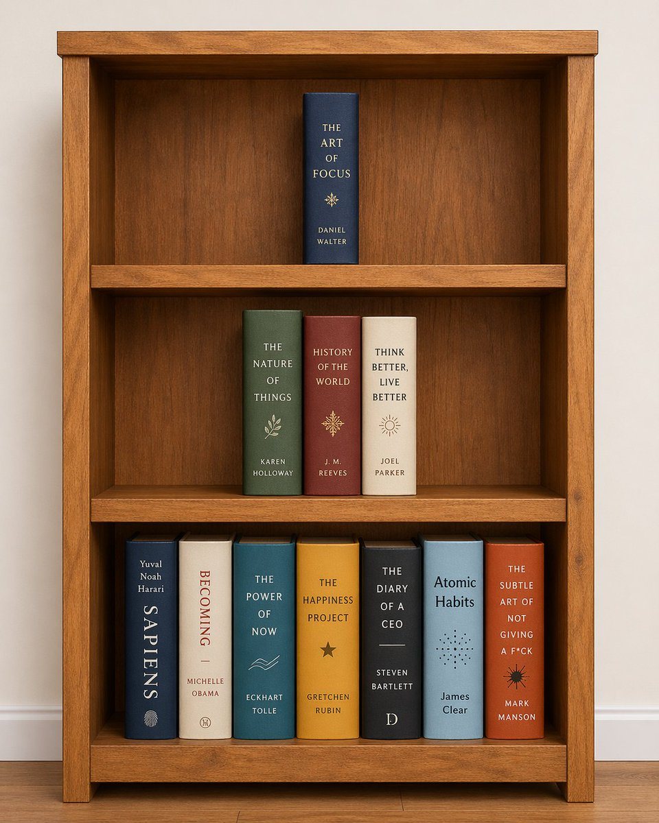 Generates a wooden bookshelf displaying 11 distinct books with customizable titles, authors, and spine colors.