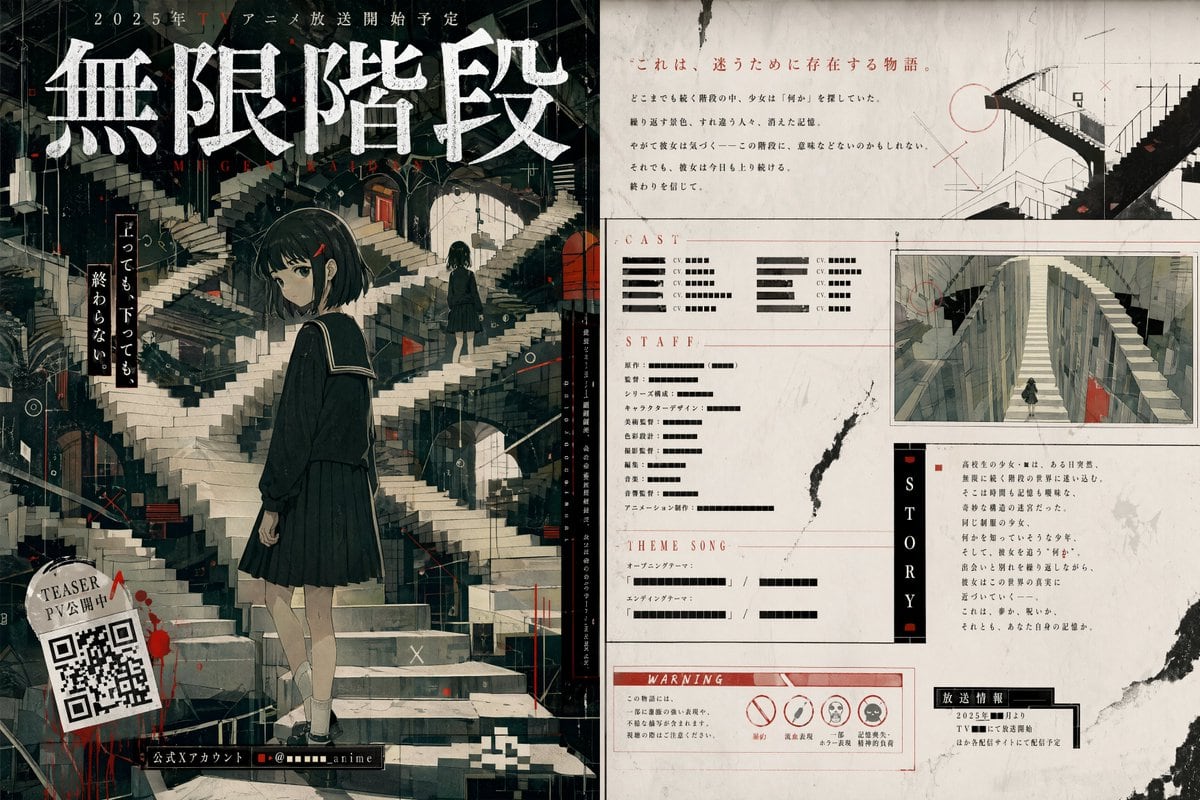 一张黑暗且信息密集的动漫宣传海报，展示了一名被困在不可能的阶梯迷宫中的女学生，非常适合作为 TV 动画主视觉图、预告海报及编辑风格的宣传艺术作品。