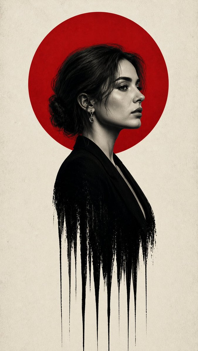 A minimalist fine-art poster portrait of a woman in clean side profile facing right, shown from about mid-torso up, with her face partially obscured by a soft rectangular blur over the fr...