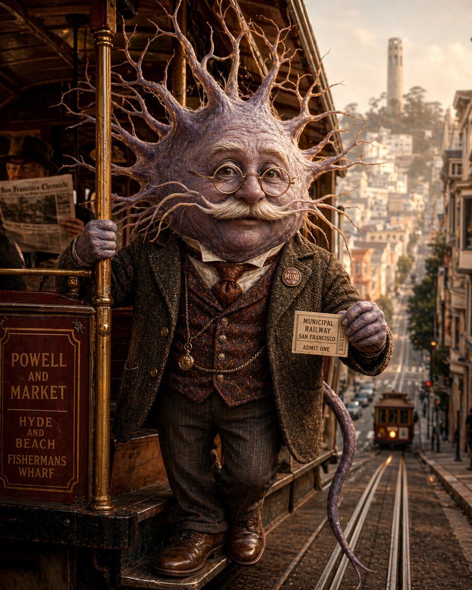 A whimsical cinematic portrait of an anthropomorphic neuron riding on the outside step of a classic San Francisco cable car at golden hour. The character has a large neuron head with a ro...