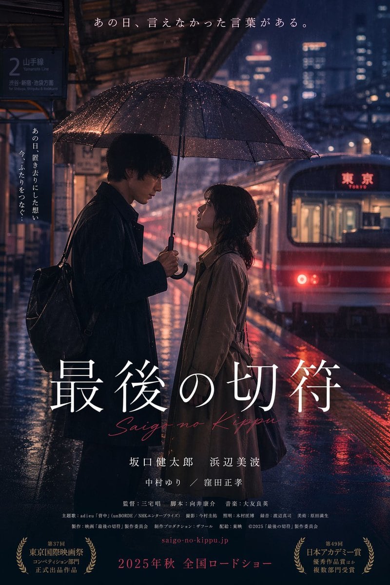 Generates a moody, realistic Japanese movie poster featuring a couple in the rain at a train station with customizable titles and taglines.