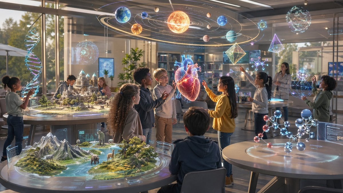 A bright futuristic classroom or science museum learning lab filled with school-age children interacting with large mixed-reality holograms, cinematic ultra-detailed photorealism. The sce...