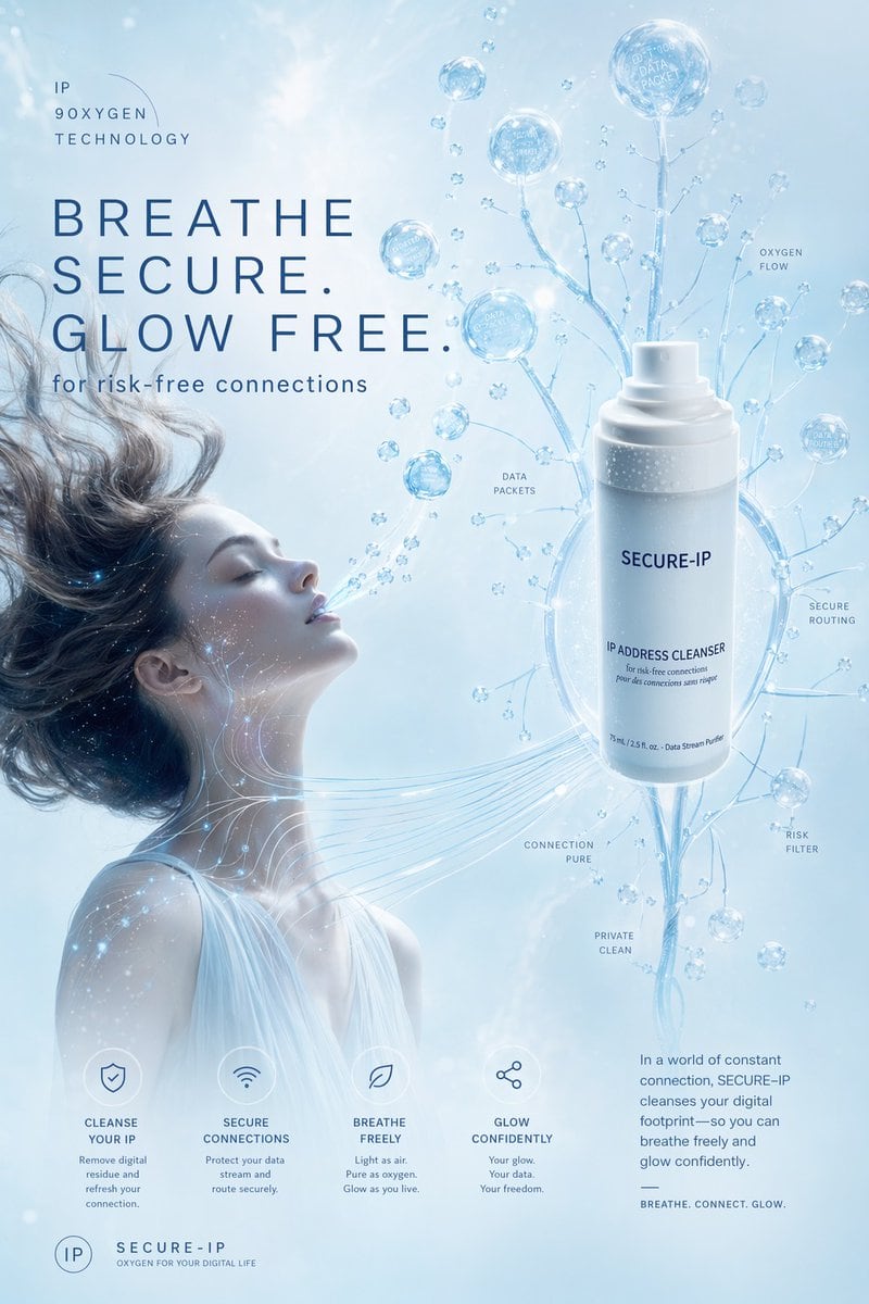 A futuristic luxury skincare-style advertising poster in a pale icy blue monochrome palette, designed like a high-end tech-beauty campaign. The composition is vertical and airy with soft...