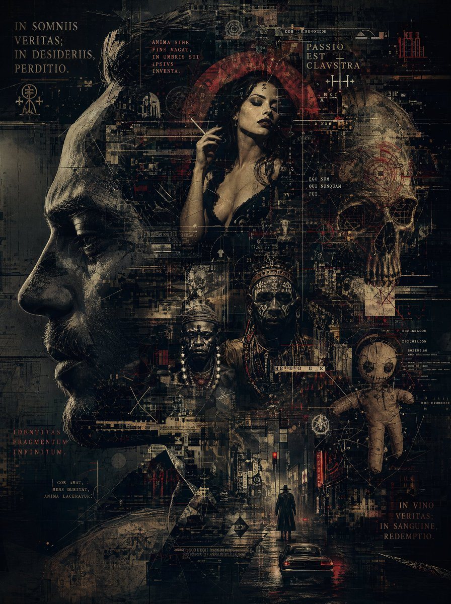 A dark occult cyber-gothic collage poster in vertical format, dense and layered like a ritualistic noir album cover, with a distressed black, sepia, bronze, and deep crimson palette. Comb...