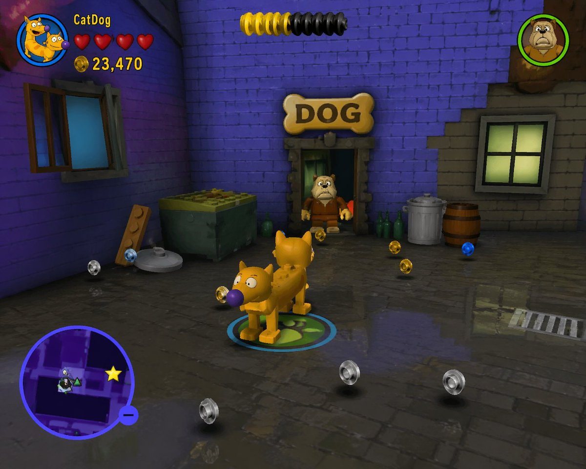 A JSON-structured prompt for generating a fake screenshot of a classic LEGO video game featuring custom characters, environments, and a full HUD.
