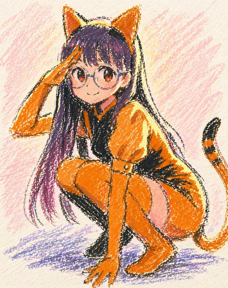 This prompt generates a cute full-body anime catgirl in a tiger-themed outfit rendered as a textured oil pastel crayon drawing, ideal for playful character art and stylized social posts.