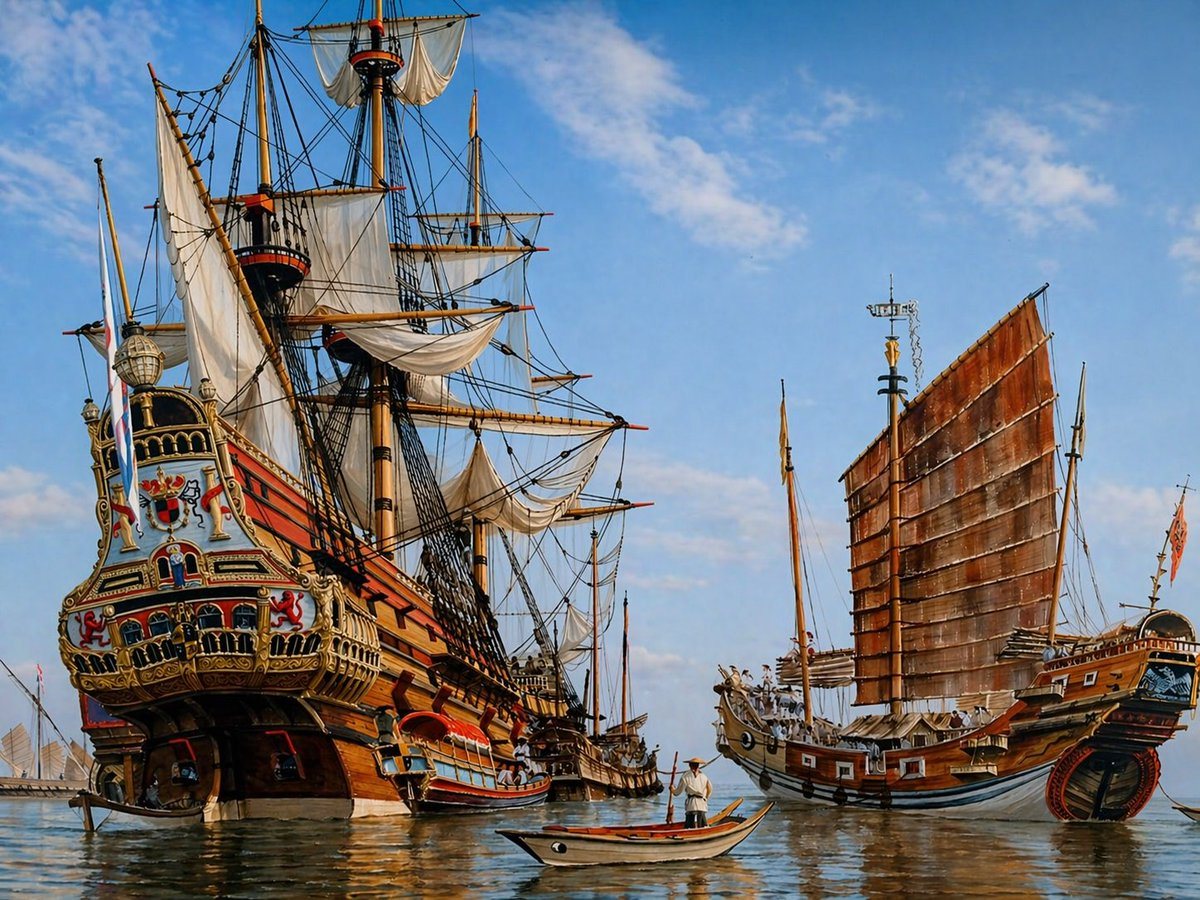 A highly detailed historical maritime scene at water level, showing two large wooden sailing ships anchored close together on calm reflective water under a bright blue sky with soft scatt...