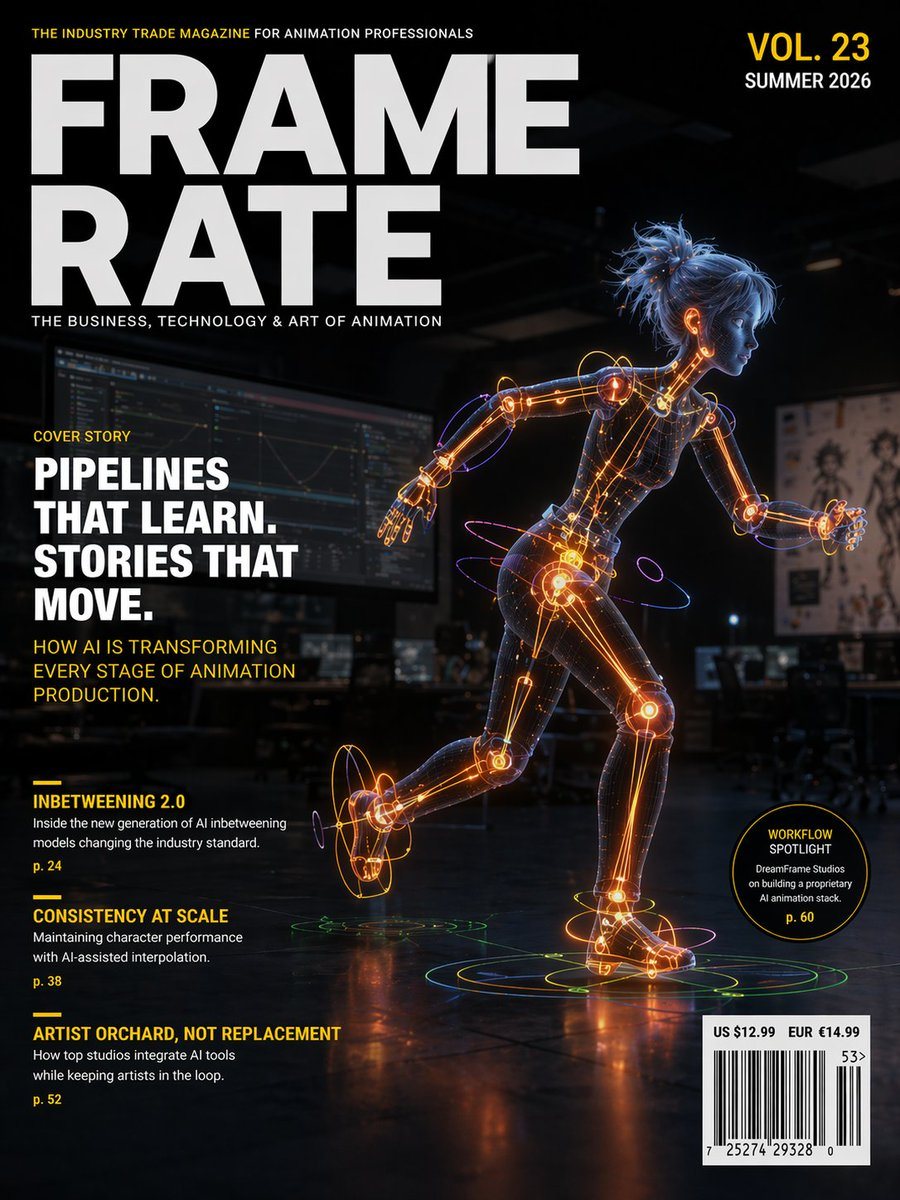 Create a futuristic professional magazine cover for the animation industry, portrait orientation, high-end editorial design, cinematic and polished. The masthead dominates the upper left...