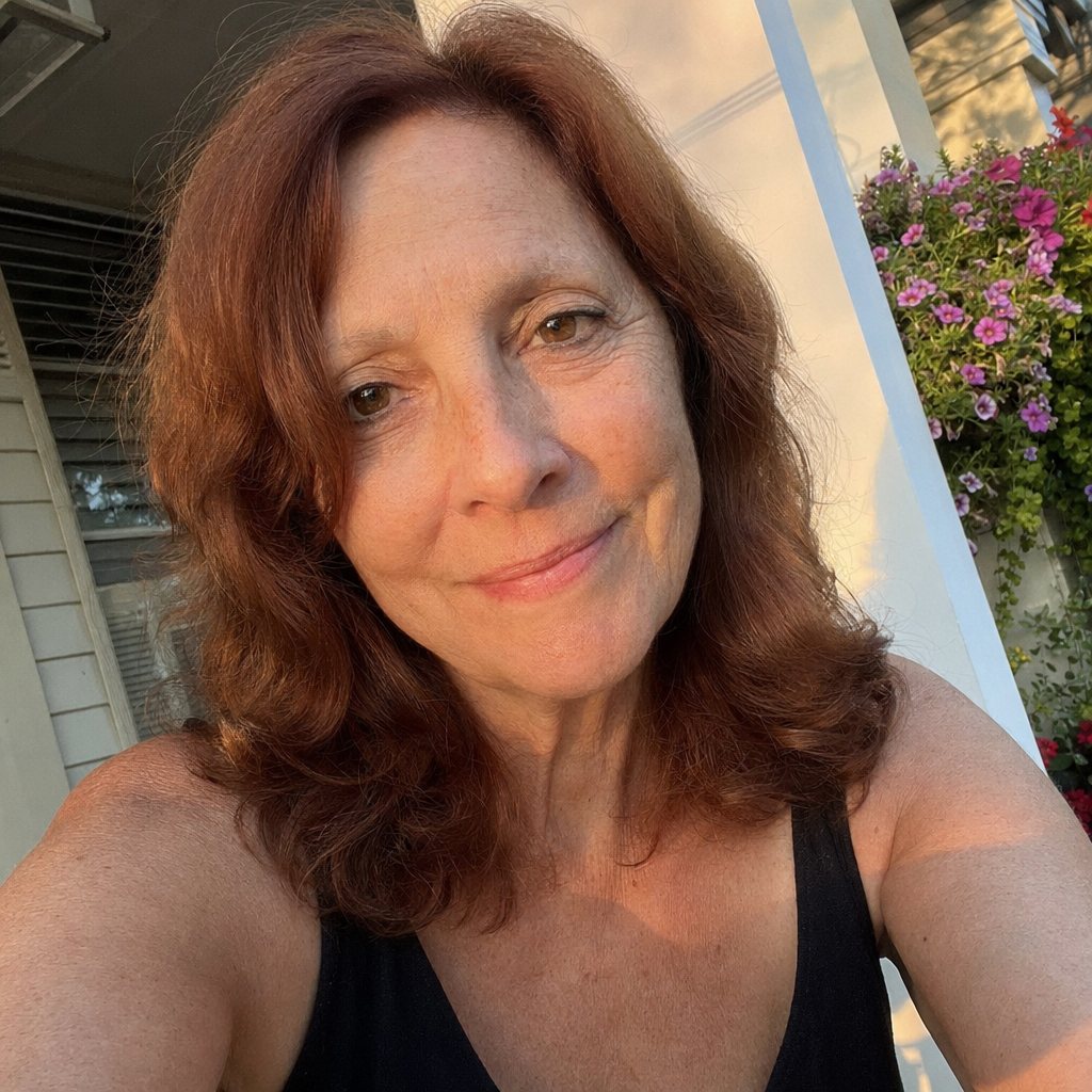 This prompt generates a candid, natural-looking smartphone selfie on a sunlit porch, useful for creating authentic organic portrait photos that do not look overly polished.