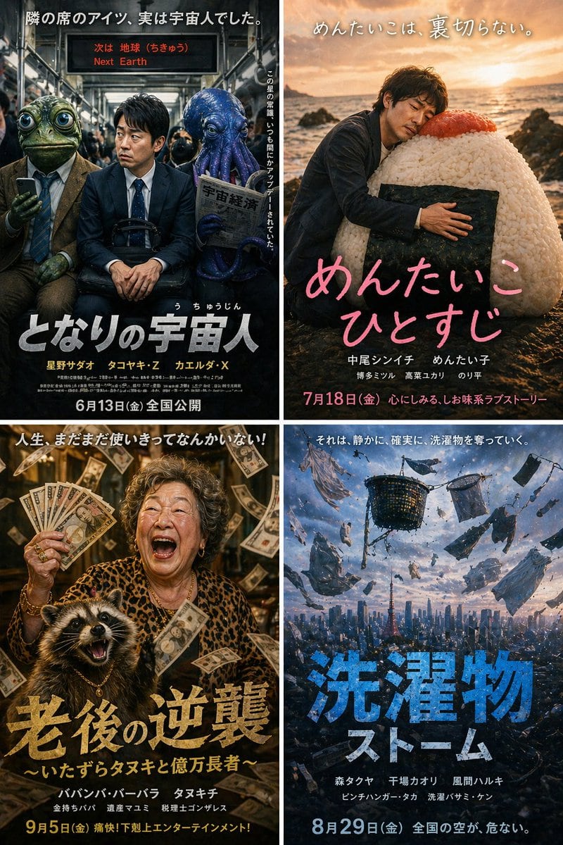 Generates a 2x2 grid of surreal, comedic Japanese movie posters with customizable titles and distinct genres.