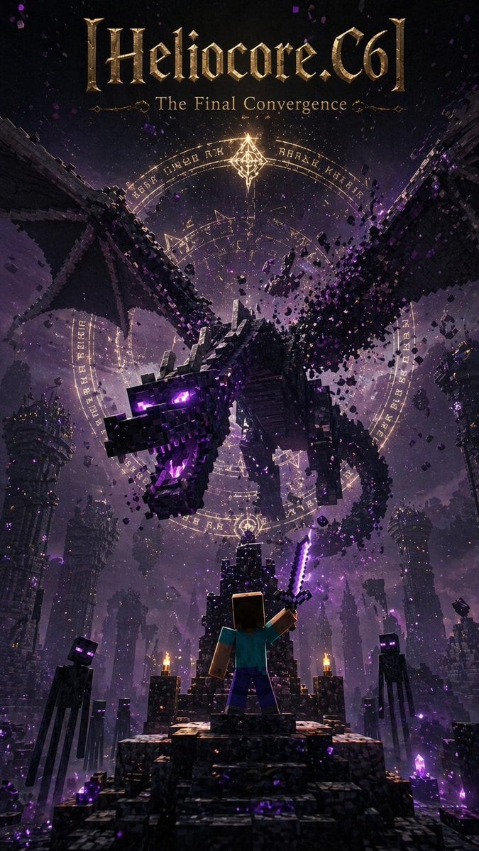 Create a dramatic vertical dark-fantasy poster in a Minecraft-inspired voxel style, like an epic movie or game cover. At the very top, place a large ornate metallic-gold blackletter title...