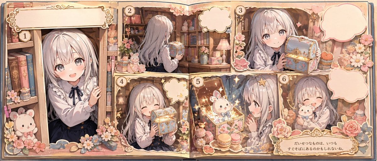 A cozy six-panel picture-book spread showing a little girl discovering a magical box and hugging a bunny, ideal for storybook art or animated fairytale visuals.