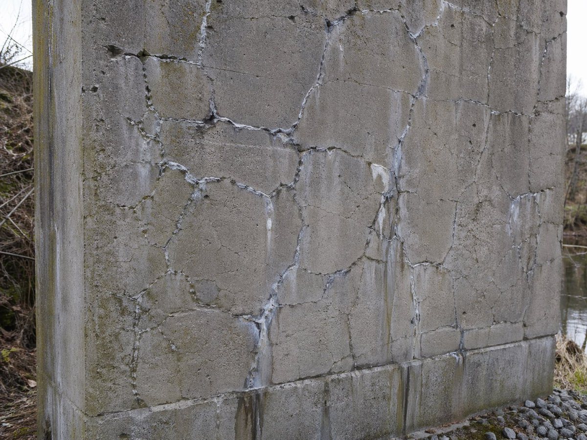 A highly realistic documentary-style close-up photo of a weathered reinforced concrete bridge pier or retaining wall outdoors, showing severe alkali-silica reaction damage. The wall fills...