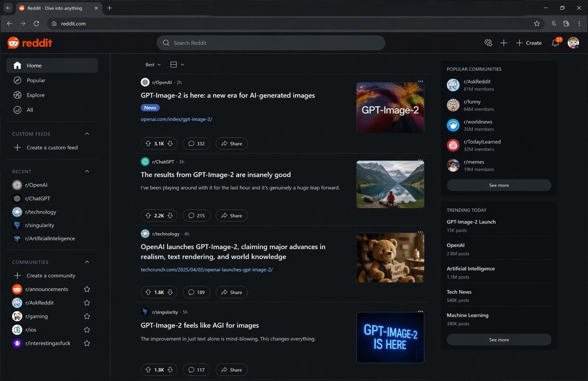 a screenshot of the Reddit homepage on the day GPT-Image-2 is released