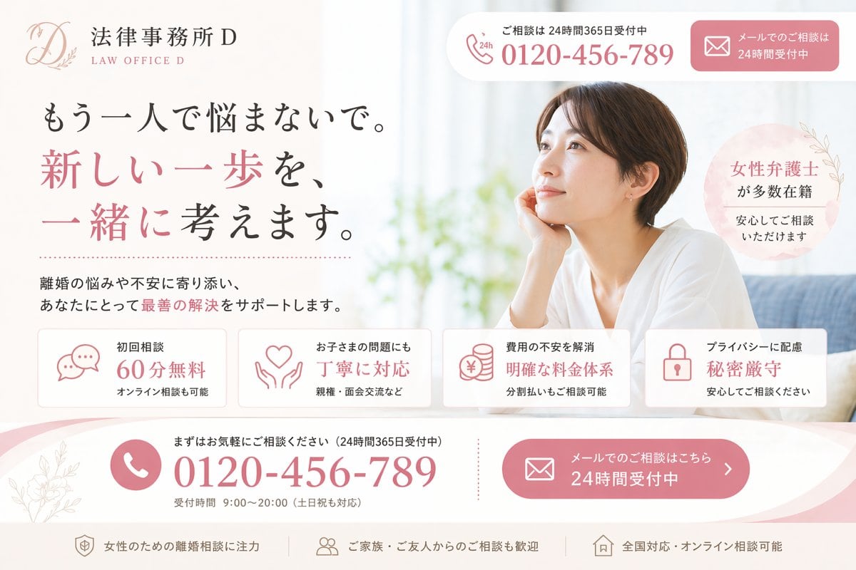 Create a polished Japanese landing page hero image for a fictional divorce-law firm, designed like a high-conversion listing ad LP. Use a soft, elegant, feminine legal-brand aesthetic wit...