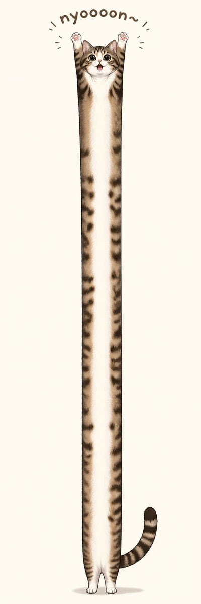 一款可爱的超现实猫咪插画,专为表情包、贴纸或社交媒体帖子设计,画面中是一只身体被拉得极长、站立着的虎斑猫,背景简洁且构图高挑。