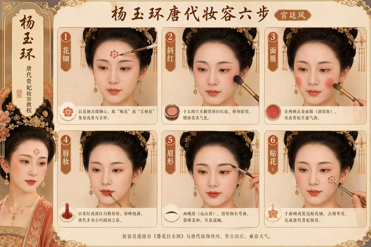 用于可视化展现宫廷风格历史妆容流程的提示词。