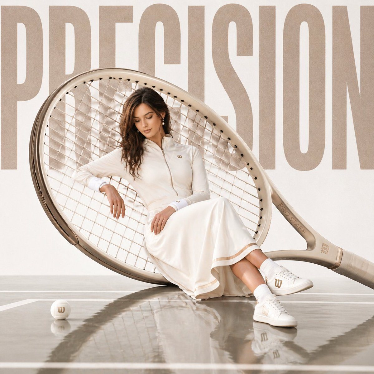Creates an avant-garde sports ad featuring a subject in a relaxed pose on oversized equipment, designed for consistency with a reference image.