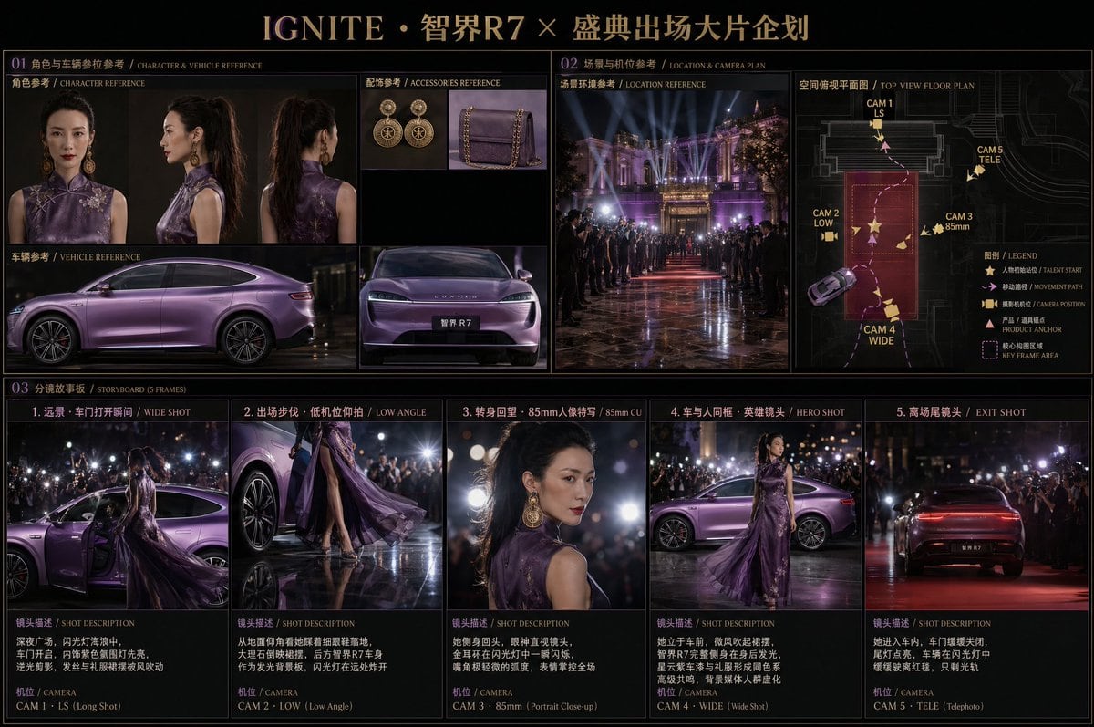 A complex, multi-layered prompt for a high-end cinematic storyboard featuring a character and luxury vehicle. It defines character traits, vehicle specs, lighting environments, and a 5-frame narrative sequence.