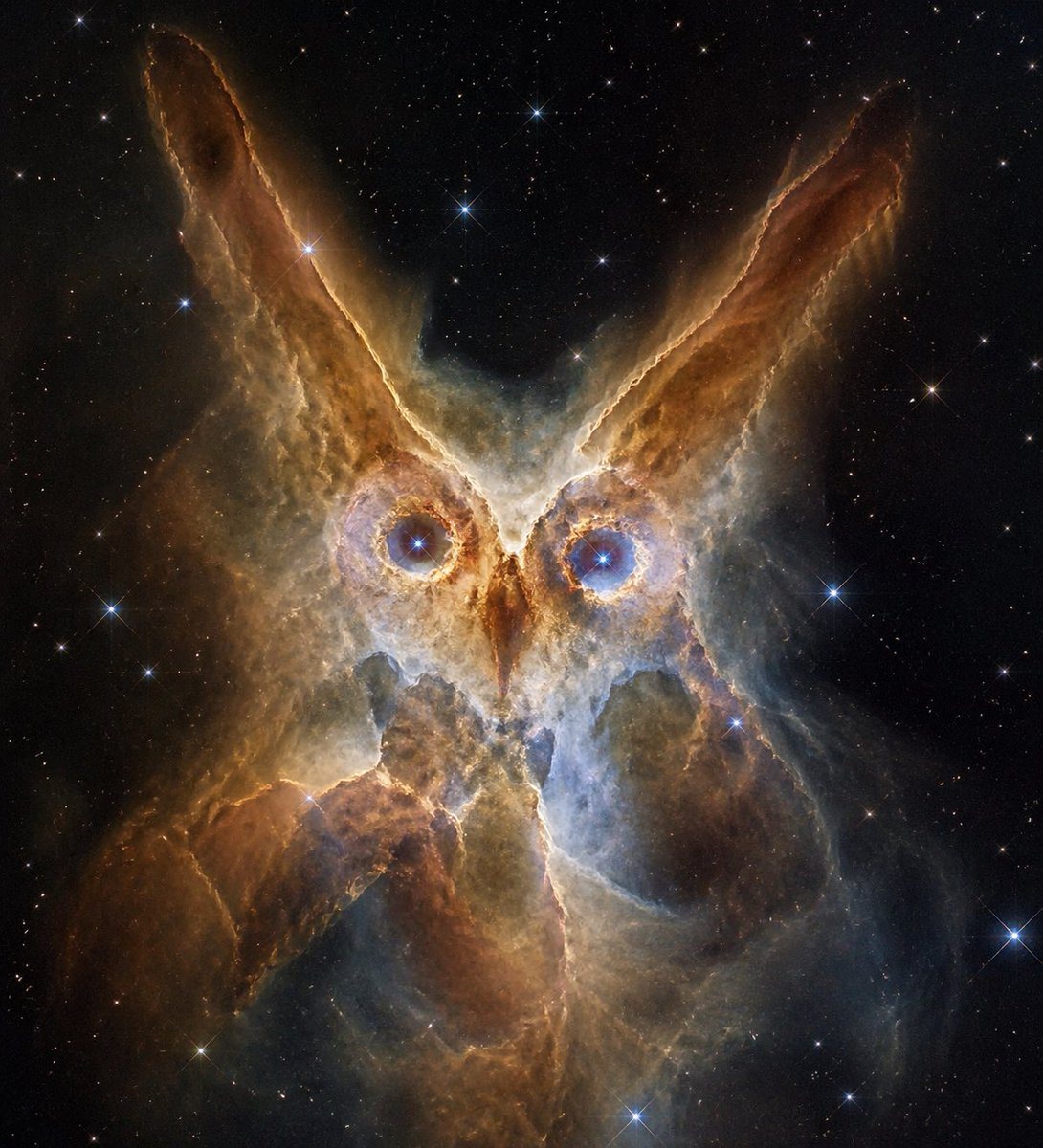 A majestic deep-space scene of an owl-shaped nebula floating in a black starfield, centered composition, the cosmic gas and dust naturally forming the clear face of an owl. Two large glow...