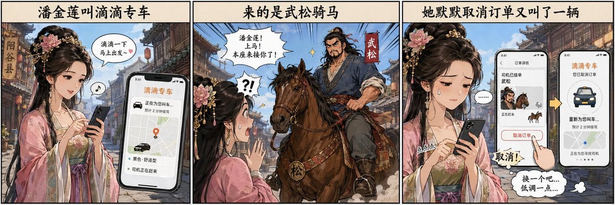 一个将中国古代人物置于现代网约车场景中的幽默提示词。