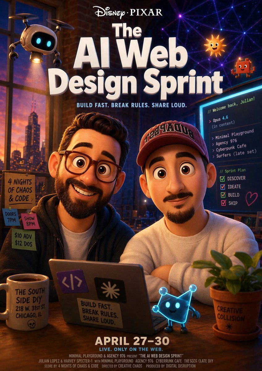 A stylized cinematic poster for a creative coding event, designed like a Disney-Pixar-inspired animated movie one-sheet. Vertical composition, warm cozy interior at night with a large lof...