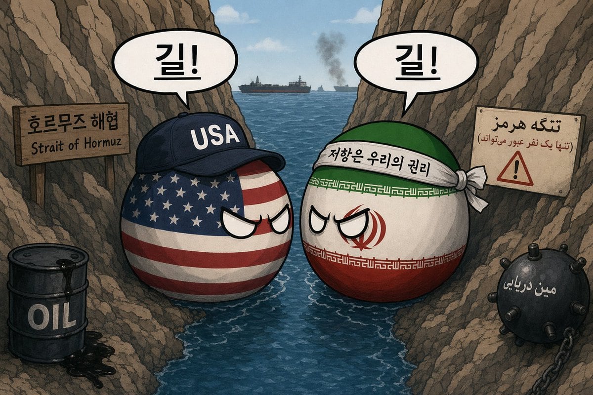 A detailed satirical countryball meme illustration of the Strait of Hormuz as a very narrow sea passage between two steep rocky cliffs, painted in a polished digital cartoon style with dr...
