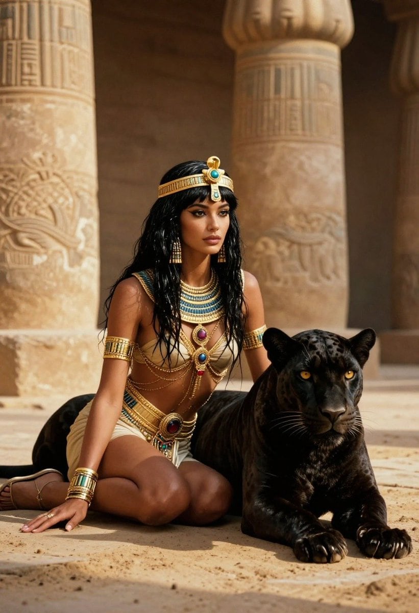 A cinematic ancient Egypt portrait of a glamorous queen-like woman kneeling on warm desert sand beside a large black panther in the courtyard of a sandstone temple. The woman has jet blac...